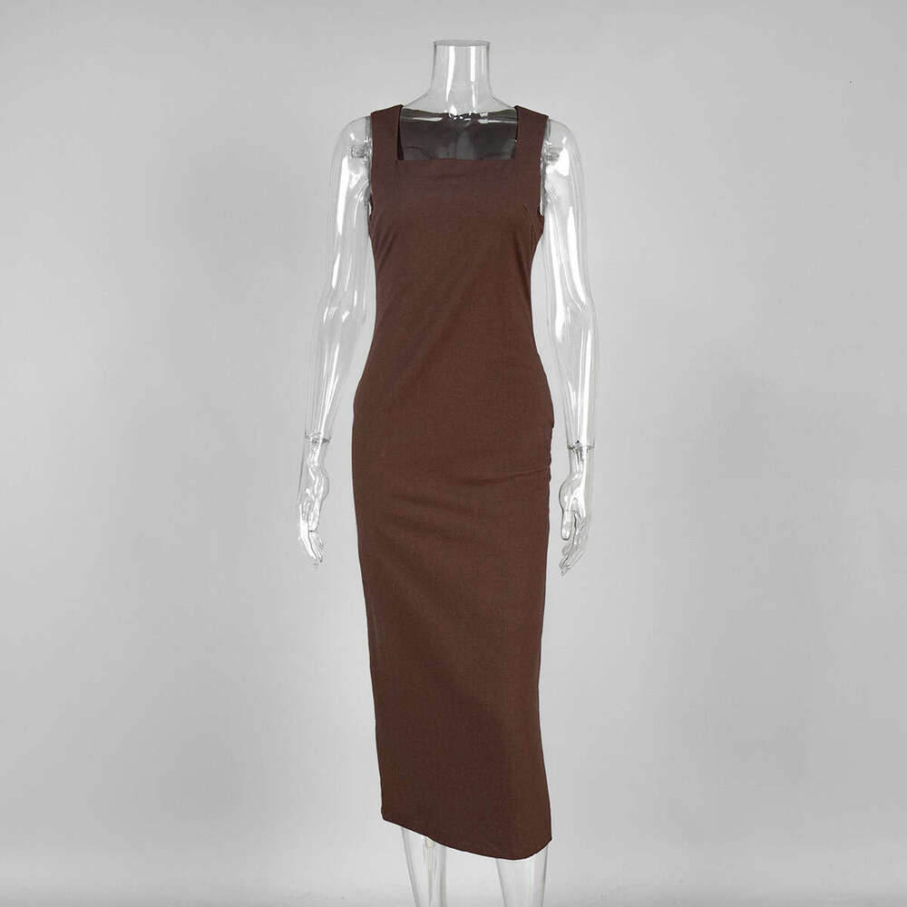 Minimalist Solid Color Square Neck Strap Summer New Slim Fit Cotton Linen Long Dress B5