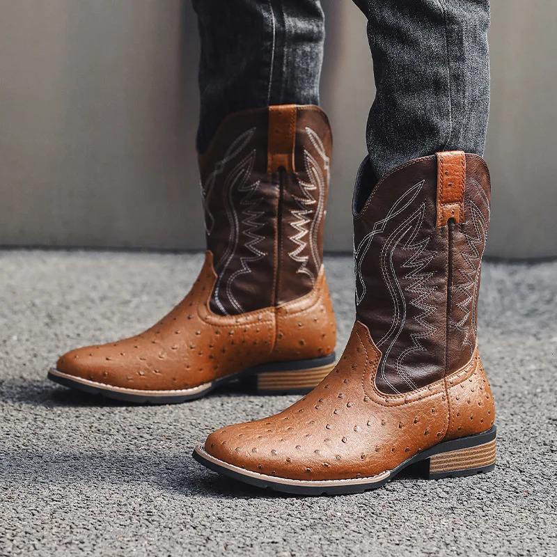 Mens Classic Retro Western Cowboy Boots Embossed Leather Mens Fashion Embroidery Mid-Calf Boot High top Casual Shoes for Men 250715