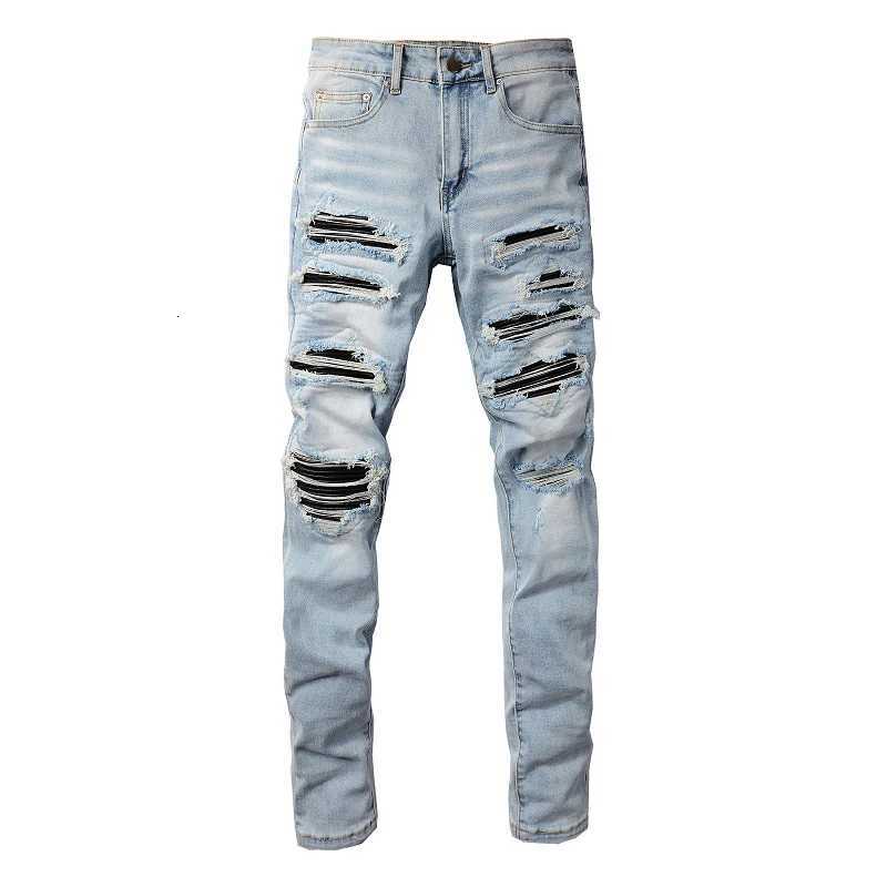 Men Black Pleated Patch Biker Jeans Streetwear Light Blue Stretch Denim Pants Ripped Skinny Tapered Trousers X250718