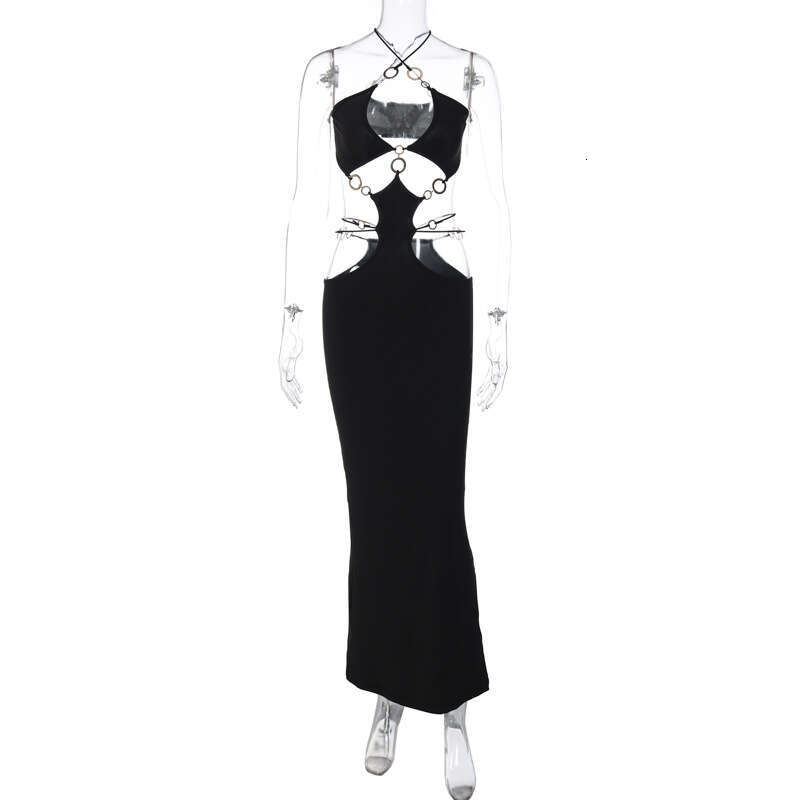 Women's Summer New Sexy Low-Cut Ring Patchwork Halter Neck Backless Slit Dress B5
