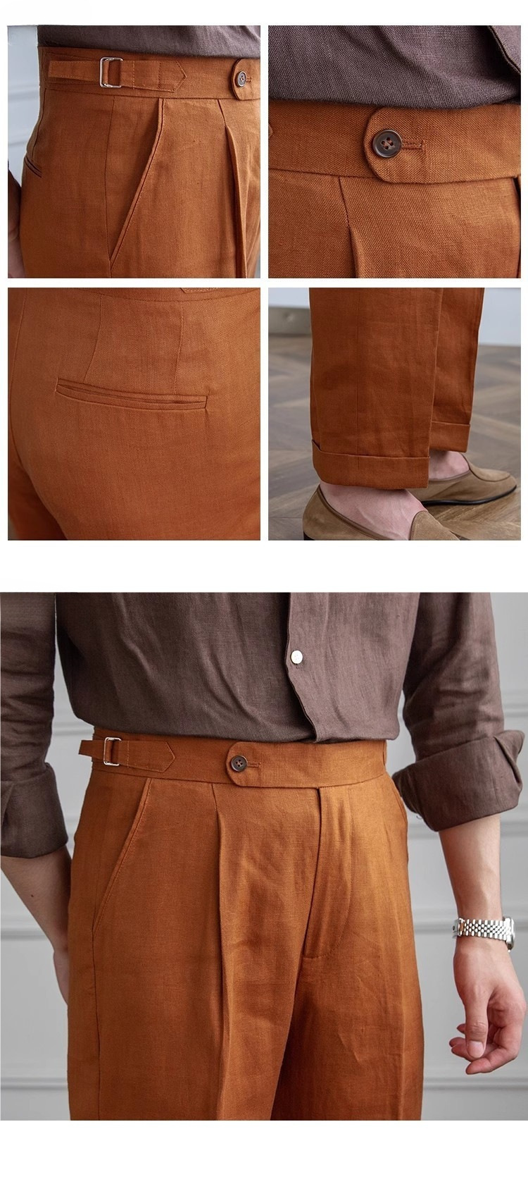 Spring Autumn Men 100% Linen Italian Naples High Waist Straight Suit Trousers Fashion Lightweight Breathable Casual Pants