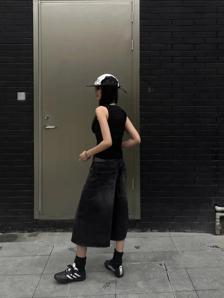 Women Black Y2k Style Baggy Denim Shorts Wide Leg Pants Trendy High Waisted Dark Wash Jeans Female Casual Retro 2000s 250714