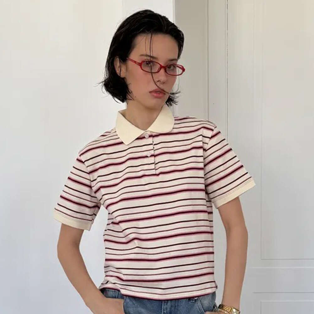 Striped T-Shirt Summer New Color Block Polo Shirt Loose Casual Short Sleeve Women B5