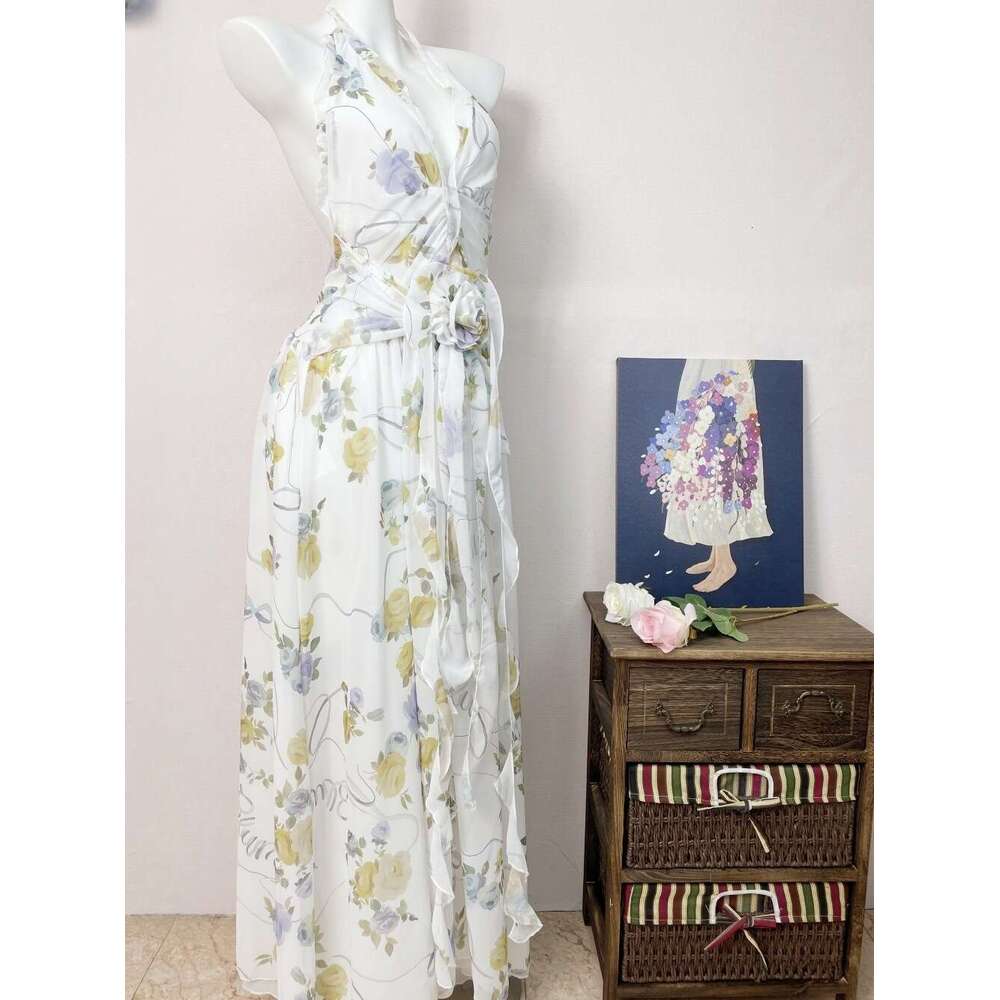 Vietnam Niche Elegant Temperament Halter Backless For Women V-Neck Floral Ruched Three-Dimensional Flower Long Dress B5