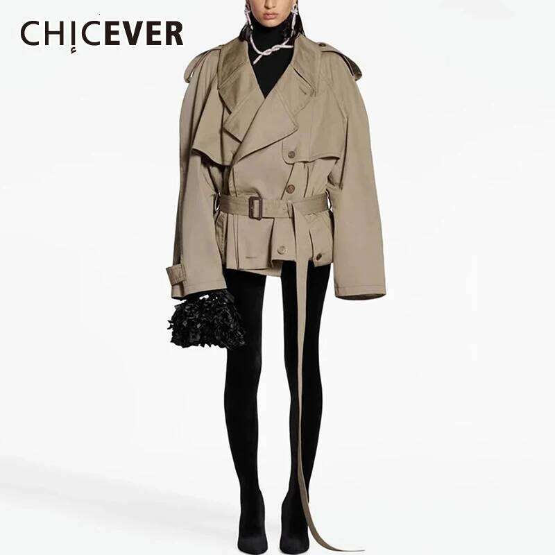 CHICEVER Oversize Spliced Lace Up Jacket For Women Lapel Long Sleeve Patchwork Double Breasted Casual Short Trench Female Autumn