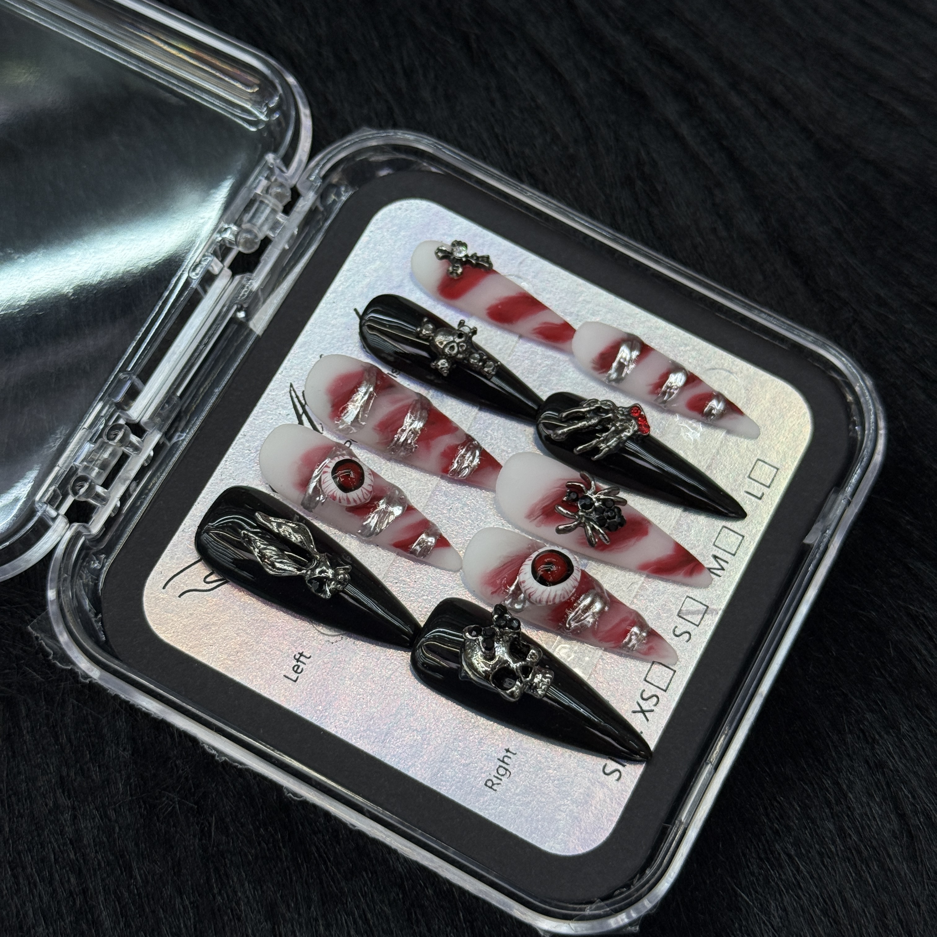 False Nails 10pcs Extra Long Stiletto Black Red White Swirl Gothic Halloween Nail Art with Skull Spider Rhinestones Full Cover Press On DIY Handmade p