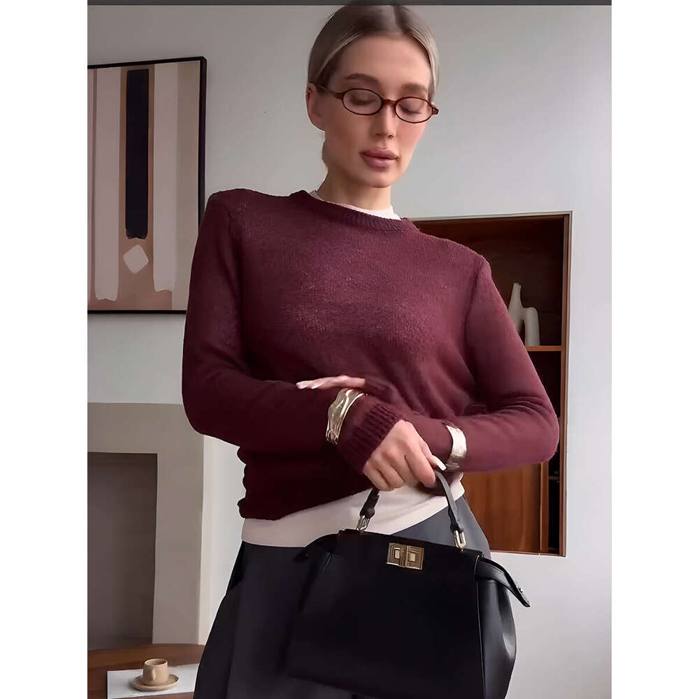 Spring Summer New Thin Sweater Cover-Up Women Round Neck Style Transparent Basic Knitwear Candy Color B5