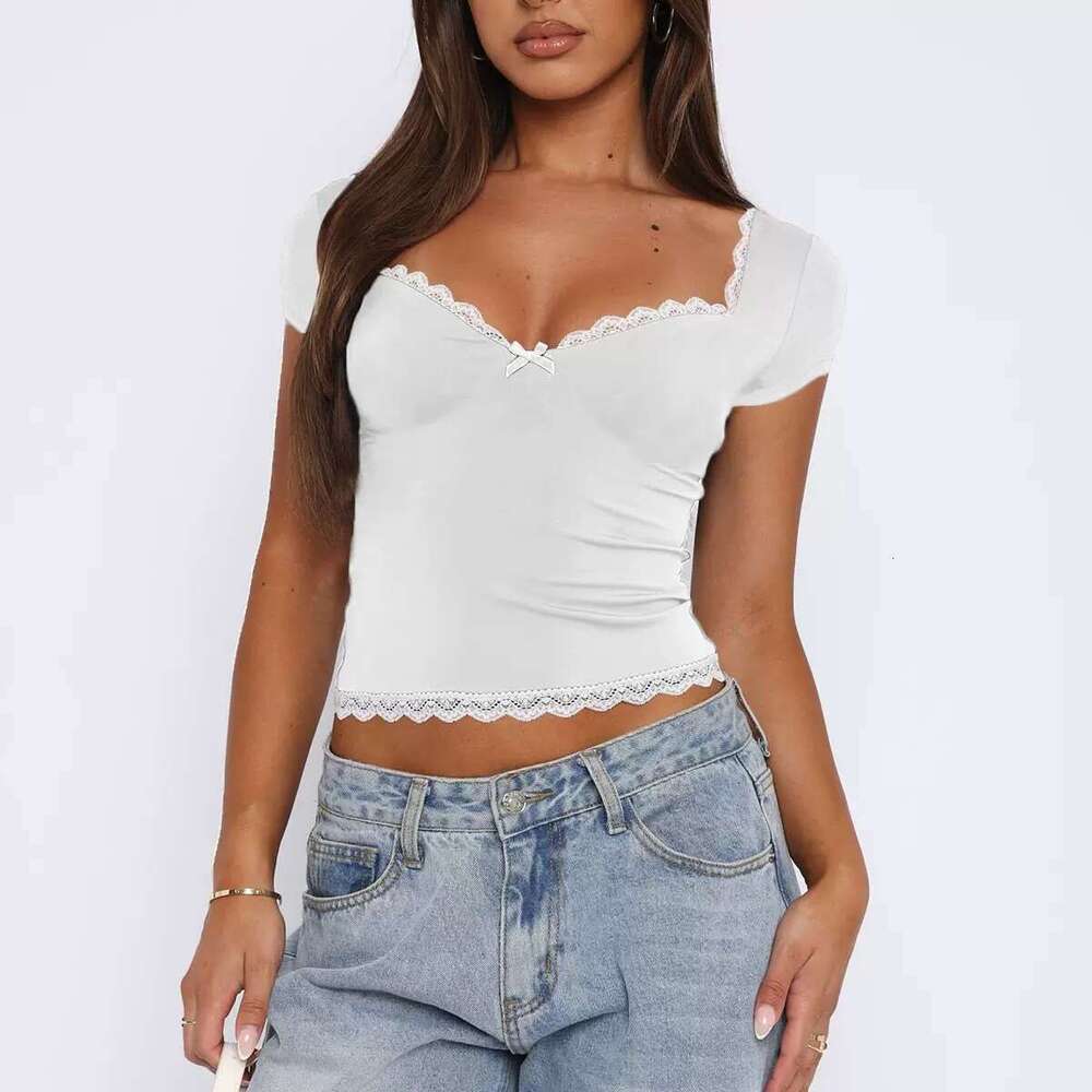 American Style Lace Square Neck Short Sleeve T-Shirt For Women Summer Slimming Versatile Basic Top B5 g7