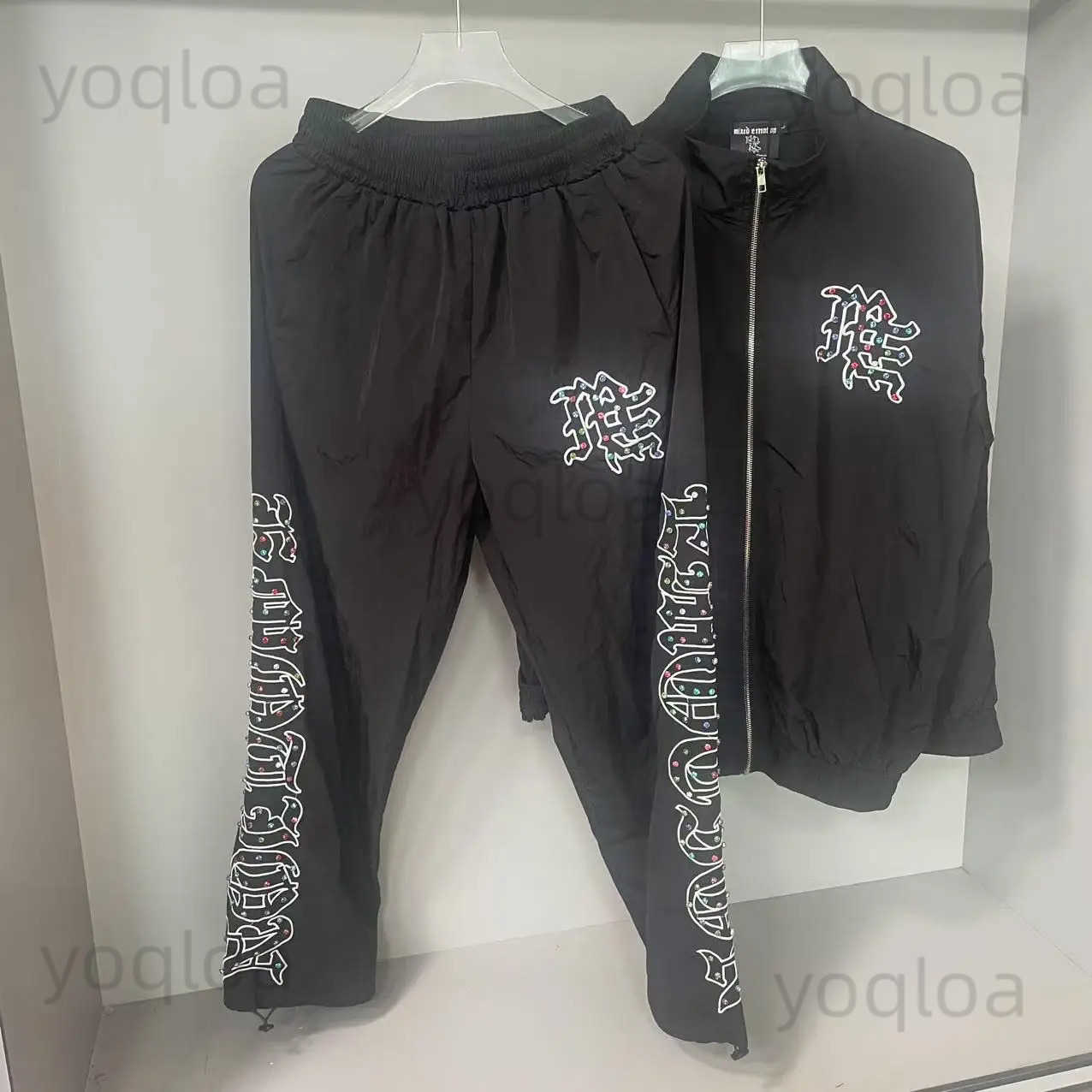 255ss Mixed Emotion Tracksuit Fashion Streetwear Sanskrit Diamond Letter Print Zipper Jacket Loose Hip Hop Coat Pants Tracksuit T250718