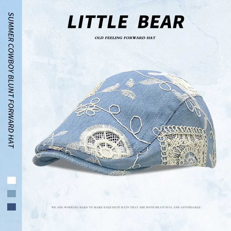 Korean Retro Lace Flower Embroidery Denim Berets Cap Summer Autumn Thin Breathable Versatile Literary Painter Hats for Women L250718