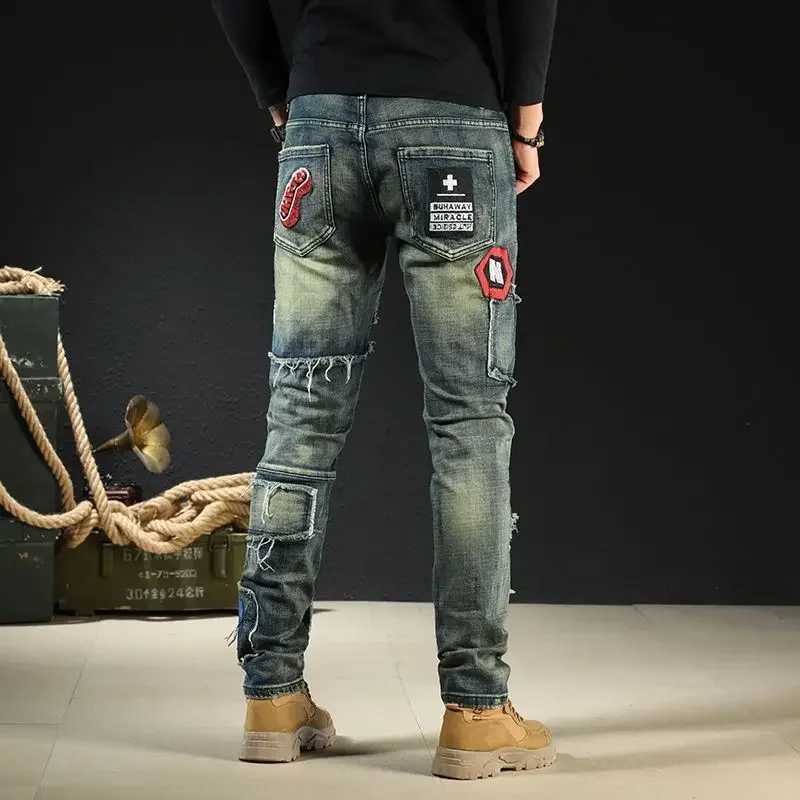 Male Cowboy Pants with Holes Trousers Torn Broken Punk Tapered Ripped Mens Jeans Washed Casual 2024 Trend Korean Autumn Goth Xs X250718
