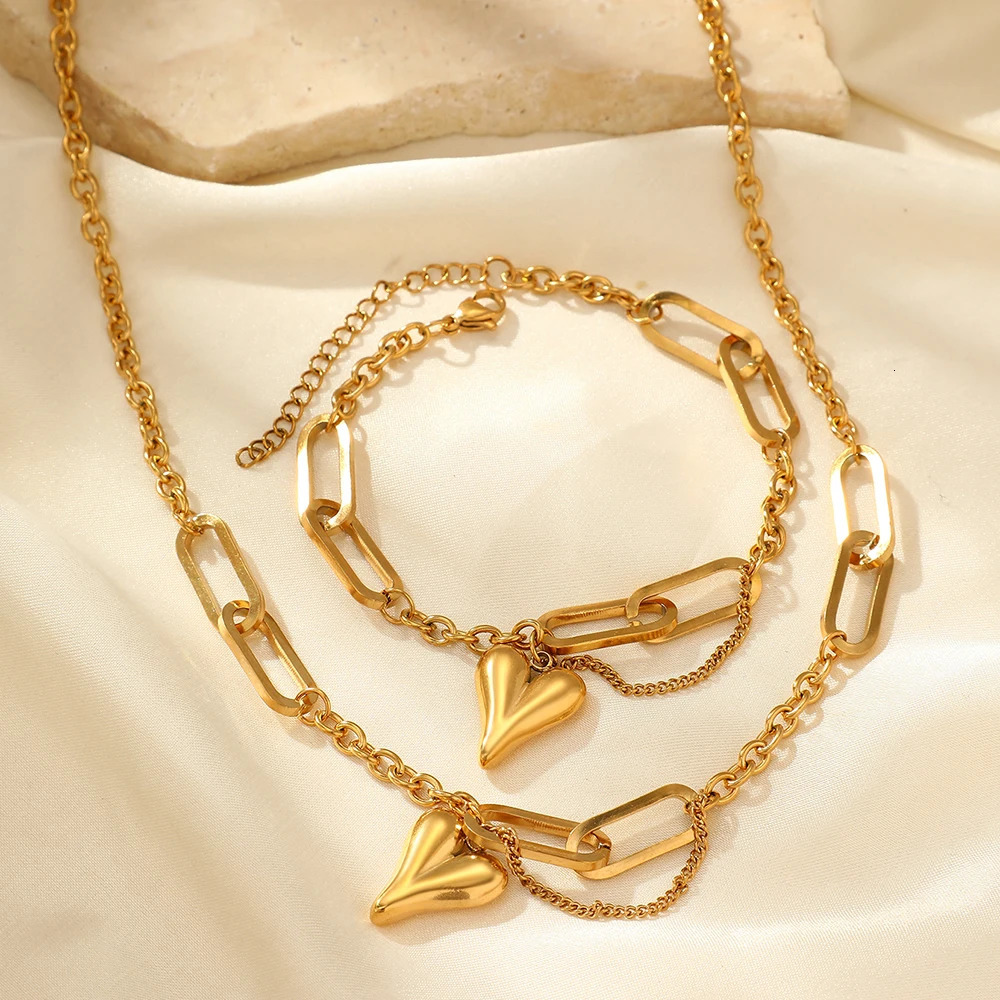 Stainless steel combination of two sets of light retro heart-shaped irregular chain womens jewelry daily matching 250715