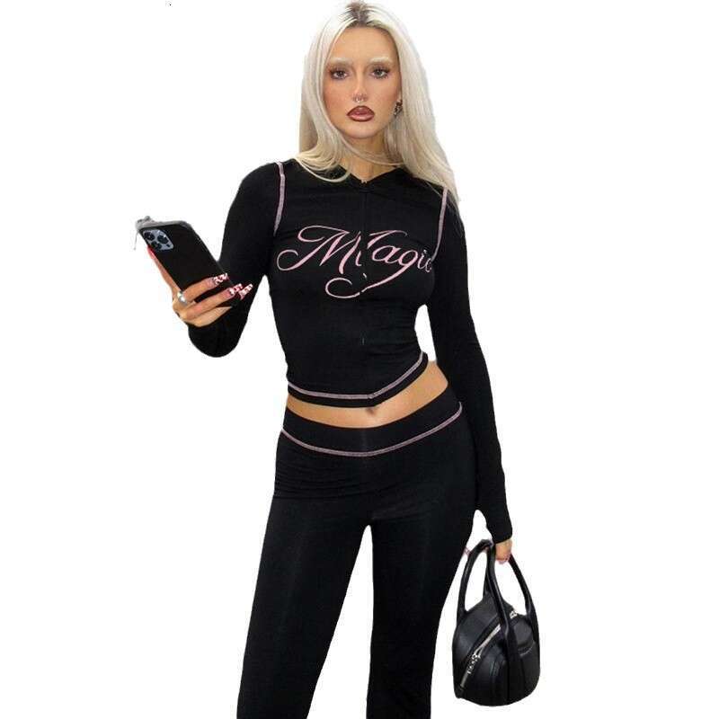 Autumn Casual Letter Print Hooded Zipper Top Slim Fit Long Pants Two-Piece Fashion Set B5 g5