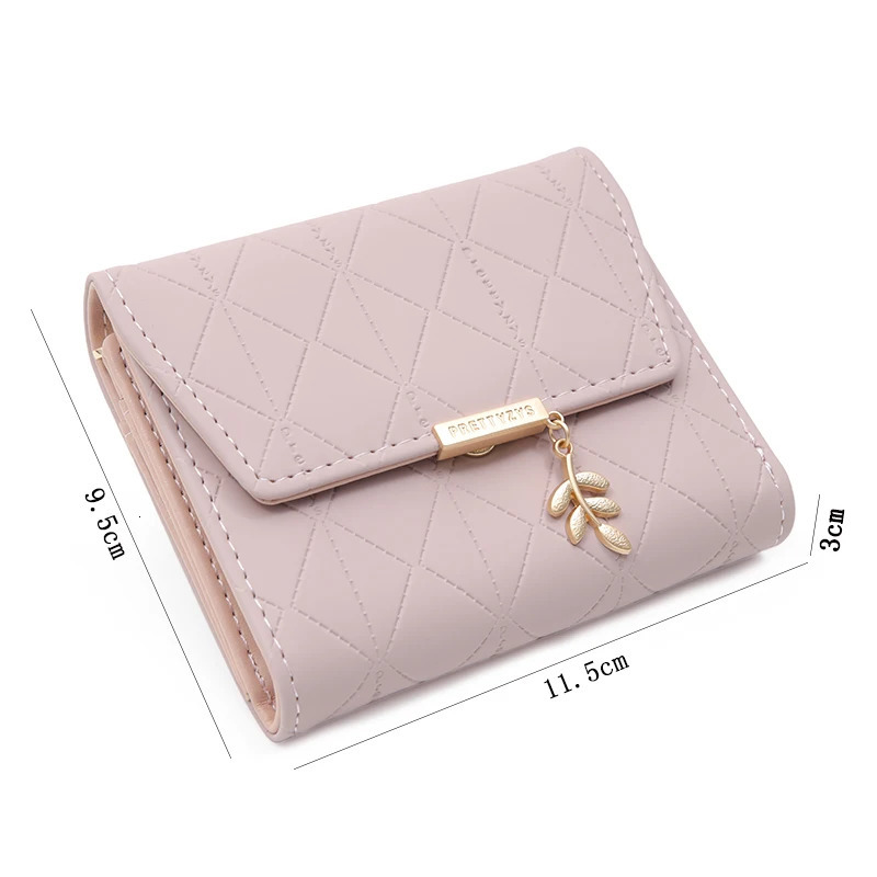 Autumn and winter womens short wallet Japan and South Korea small fresh PU simple folding hardware leaf pendant three fold 250717
