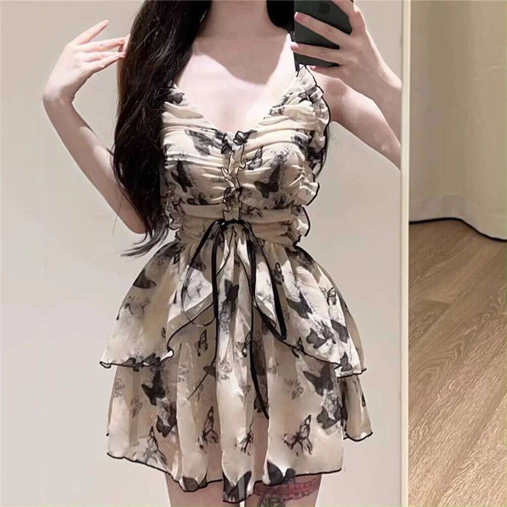 Vintage Butterfly Print Korean Swimwear Backless One Piece Swimsuit Holiday Mini Dress Culottes Ruffled Mesh Bodysuit Beach Wear