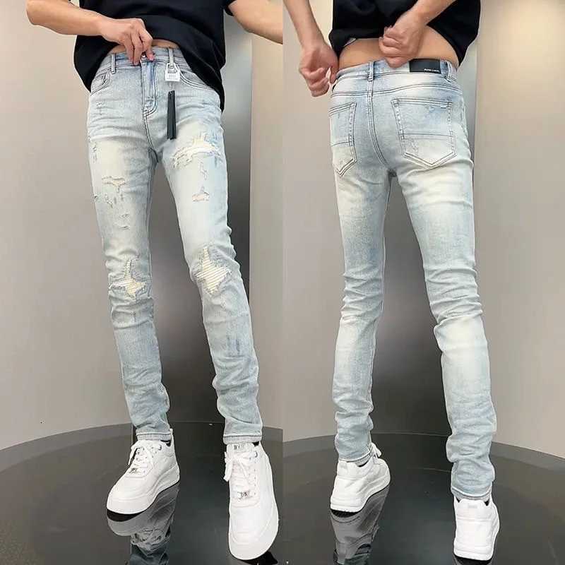 2025 Spring New Ripped Hole Denim Mens Pants Washing Light Blue Hip Hop Slim Fit Mens Trousers High Street Blue Beggar Jeans X250718