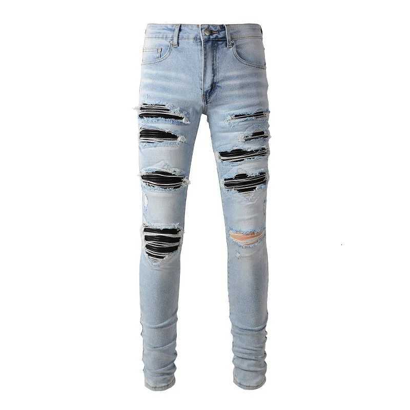 Men Black Pleated Patch Biker Jeans Streetwear Light Blue Stretch Denim Pants Ripped Skinny Tapered Trousers X250718
