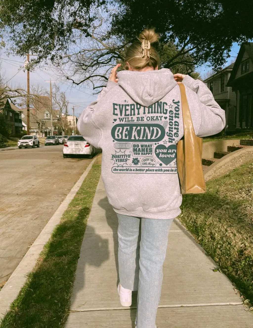 Everitging Will Be Okay Green Heart Illustration Design Women Clothes Trendy Nev Hoodie Casual Pocket Sportswear Street Hoody XJ250717