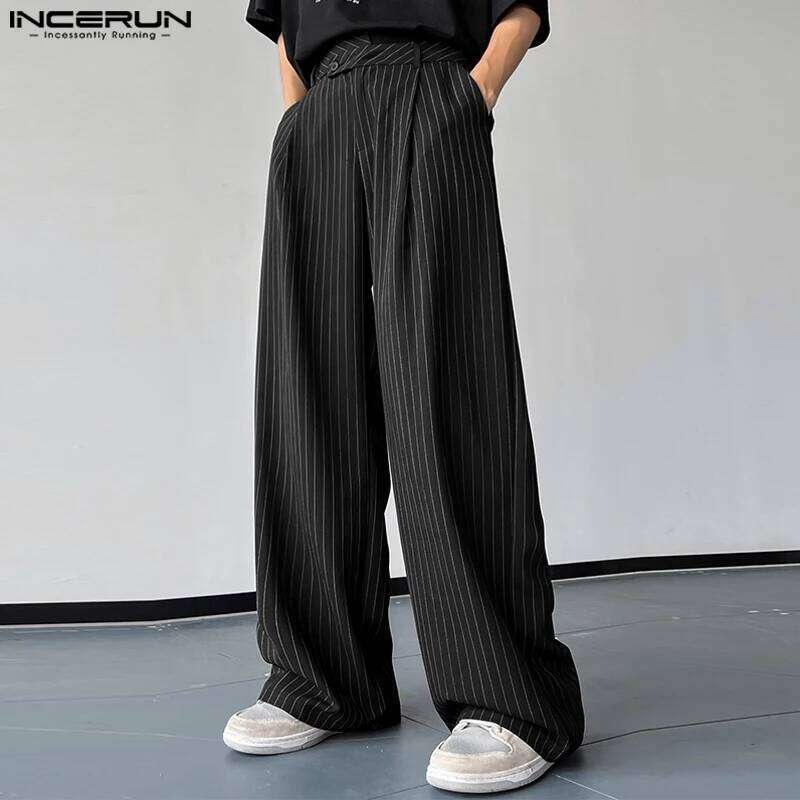 INCERUN 2023 Korean Style New Men Trousers Fashion High Waist Stripe Long Pants Casual Streetwear Male Straight Pantalons S-5XL