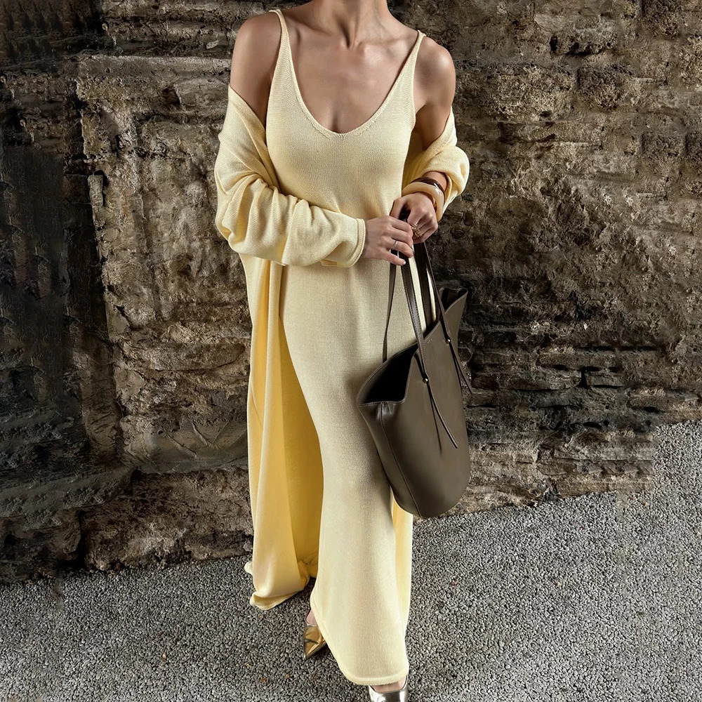 Tuularose Women Long Dress 2 Piece Solid Knitted Spaghetti Strap Dress Long Sleeve Cardigan Set Casual Fashion Female Dress Set 250715