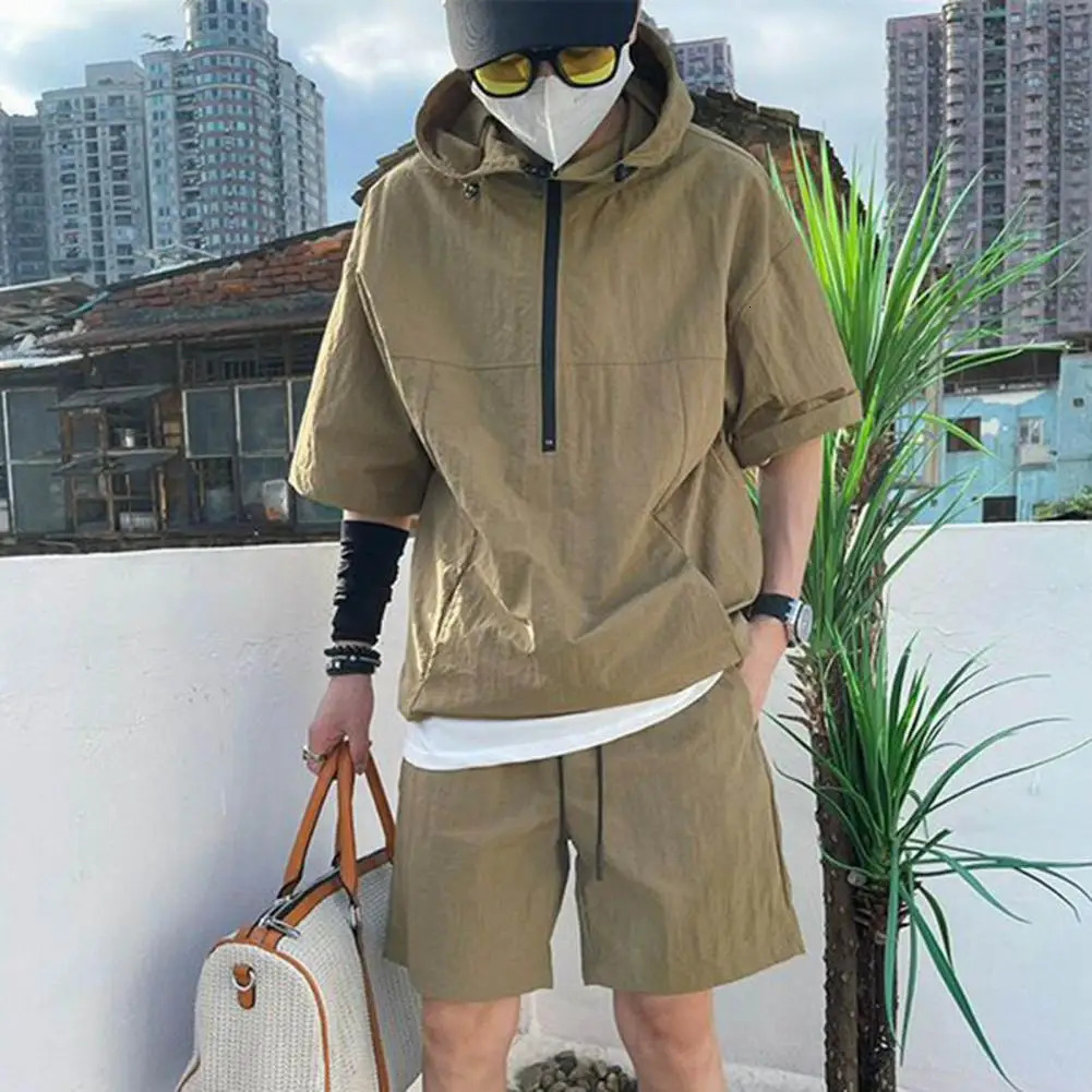 Summer Cargo Style Set Mens Casual Hooded Solid Short Sleeve T-shirt Shorts Loose Fashion High Quality Handsome Sweatshirt Suit 250715