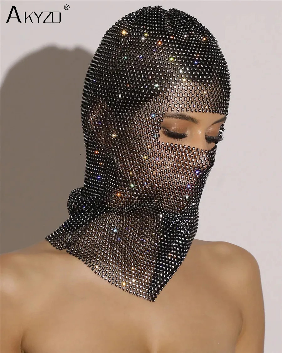 Y2K Balaclava Sparkly Diamonds Hat Turban Women Hollow Fishnet Rhinestone Headhood Club Rave Party Head Mask Headwrap Headcover 250717