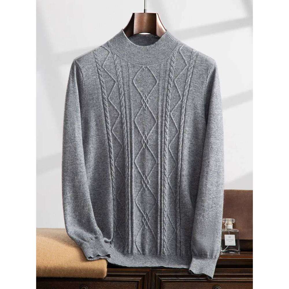 High-End Men 100% Sweater Twist Flower Mock-Neck Pullover Autumn Winter Cashmere Knitwear Long Sleeve Smart Casual Tops
