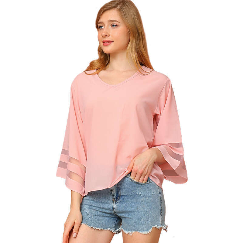 Summer New Women's Loose V-Neck Mesh Patchwork Sweet Fresh Girl Style Chiffon Blouse B5 g5