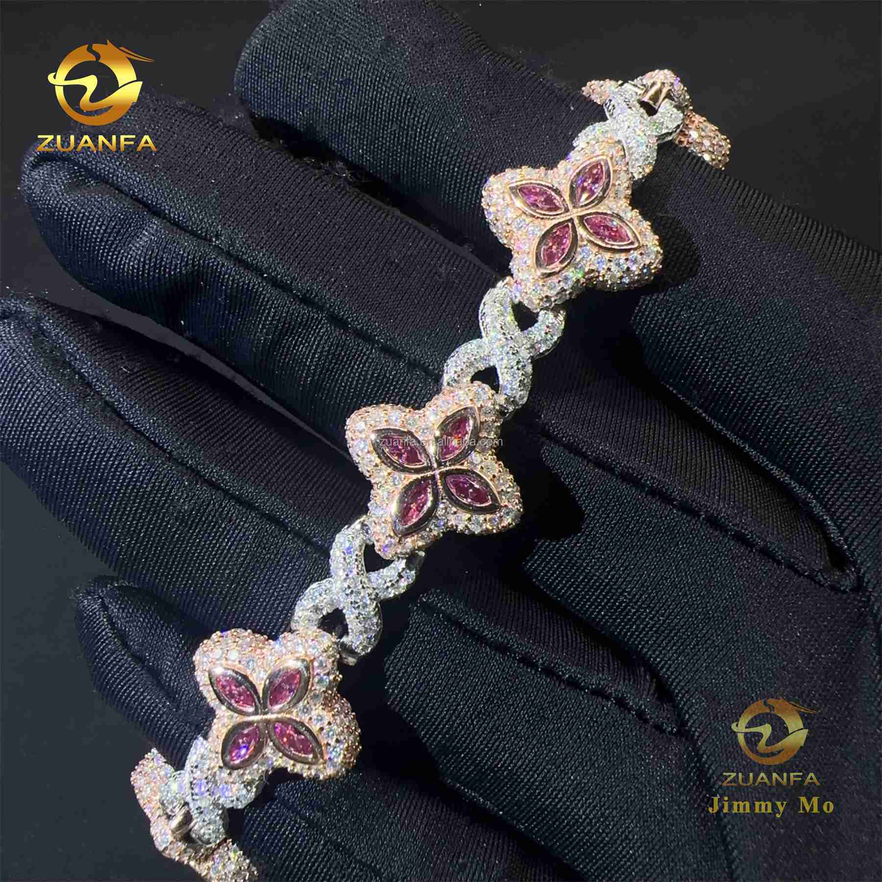 New Design 15mm Marquise Flower Luxury Jewelry Hip Hop Jewelry Iced Out Pink Moissanite Diamond Infinity Cuban Link Bracelet
