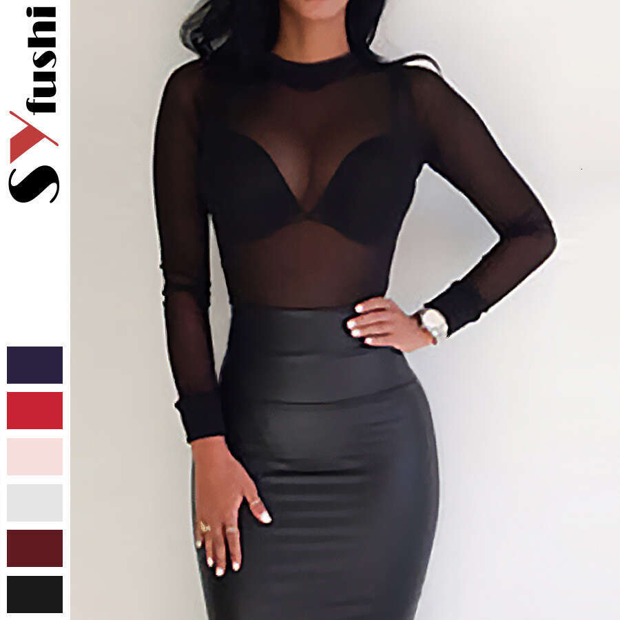 Summer Women's Sexy Ultra-Thin Mesh Stretch Tight-Fitting Long-Sleeve Half-High Collar Base Shirt B5