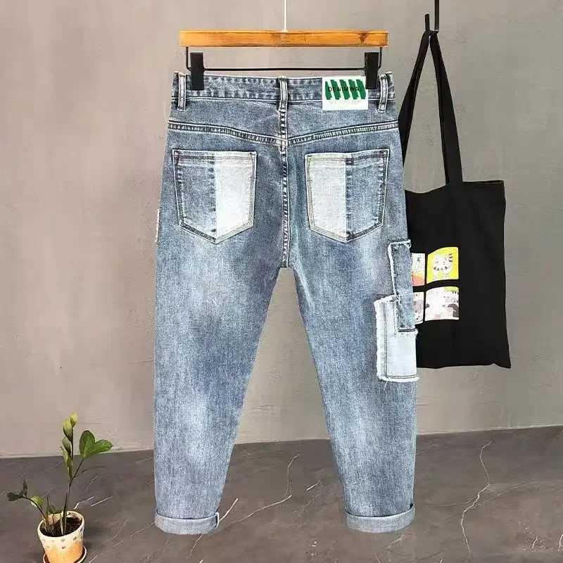 2024 Korean Autumn Y2K Cropped Mens Cowboy Pants Splicing Trousers Jeans for Men Graphic Casual Y 2K Vintage Hot Trendy Trend X2507181