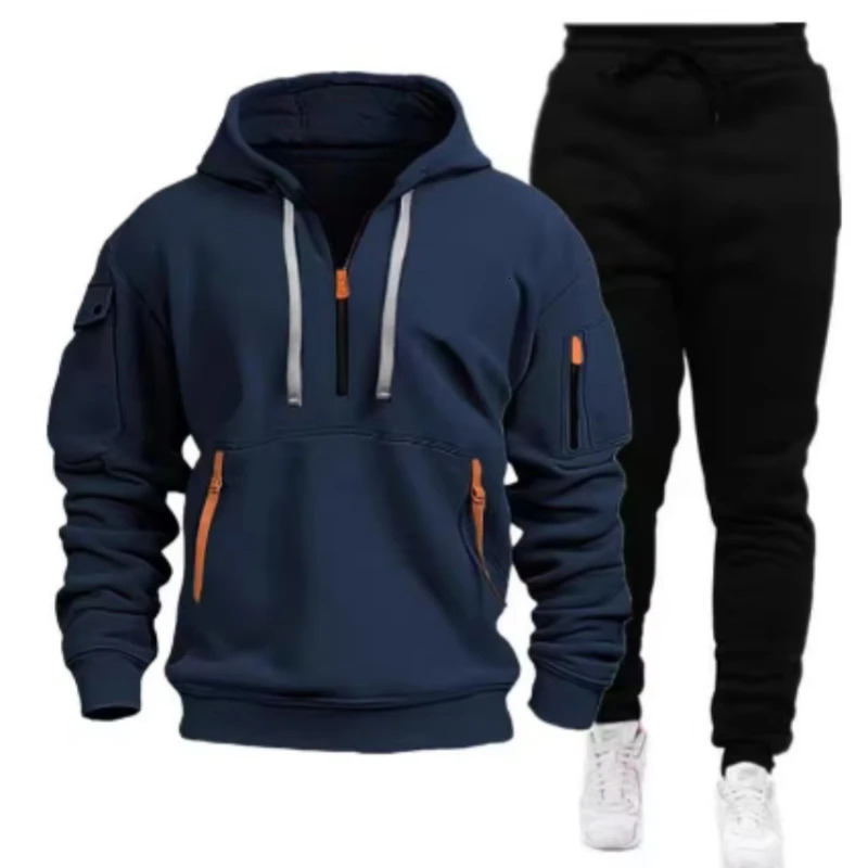 Mens Leisure Sports Pullover Multi Zipper Arm Pocket Hoodie Set Autumnspring Fashion Hoodie Mens Loose Coat Pants Suit 250715
