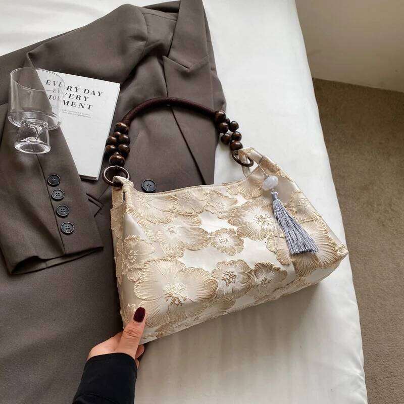 Chinese Style Ladies Handbags Designer Satin Floral Tassels Underarm Shoulder Bolso Mujer Elegant Sac