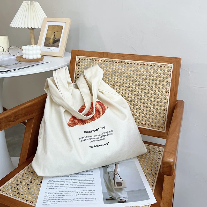 Women Canvas Shoulder Bag Bread Print Cotton Canvas Shoulder Bags Student Large Capacity Books Tote Lady Eco Cloth Handbag Purse 250717