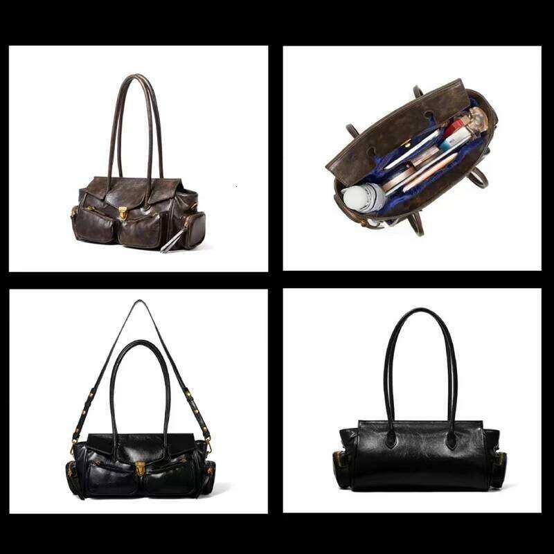 Vintage Underarm For Girl Versatile Multi-pocket Motorcycle Designer Handbag Spaghetti Strap Leather Bag