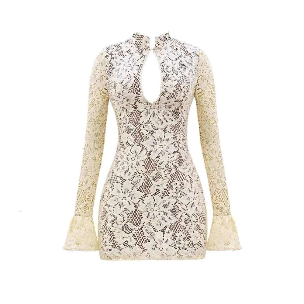 Elegant Pure Desire Sexy V-Neck Hollow Lace Long Sleeve Mini For Women Autumn Winter Waist Slimming Bodycon Dress B5