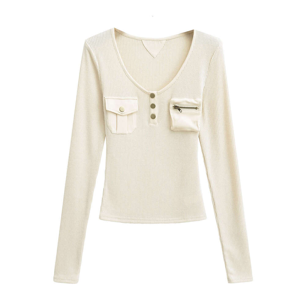 American Style Spliced Base Shirt For Women, Autumn And Winter Inner Wear, Pocket Detail, Slim Fit Long Sleeve Slimming Knitted Top B5 g5