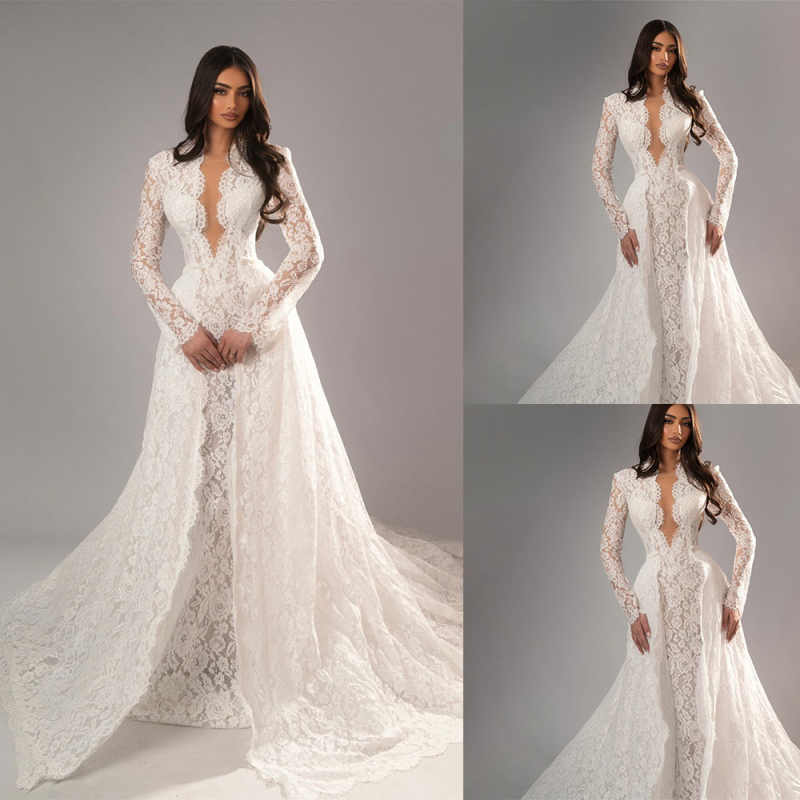 Elegant Mermaid Wedding Dress V Neck Long Sleeve High Quality Lace Bride Gowns Detachable Sweep Train Bridal Dresses Customized