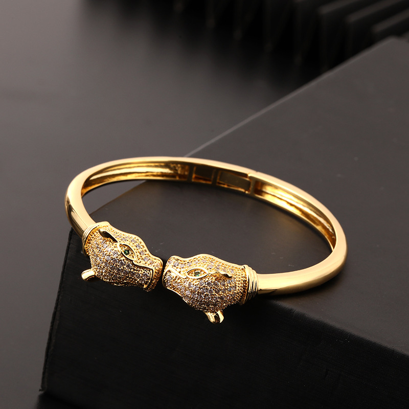 Leopard Print Open Cuff Bracelet 18K Gold Plated Hip Hop Bangle with Zircon Stones Animal Jewelry for Women and Men