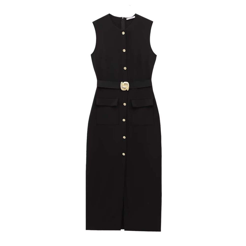 TRAFZA American Round Neck Spring New Style Belted Sexy Sleeveless Midi Dress B5