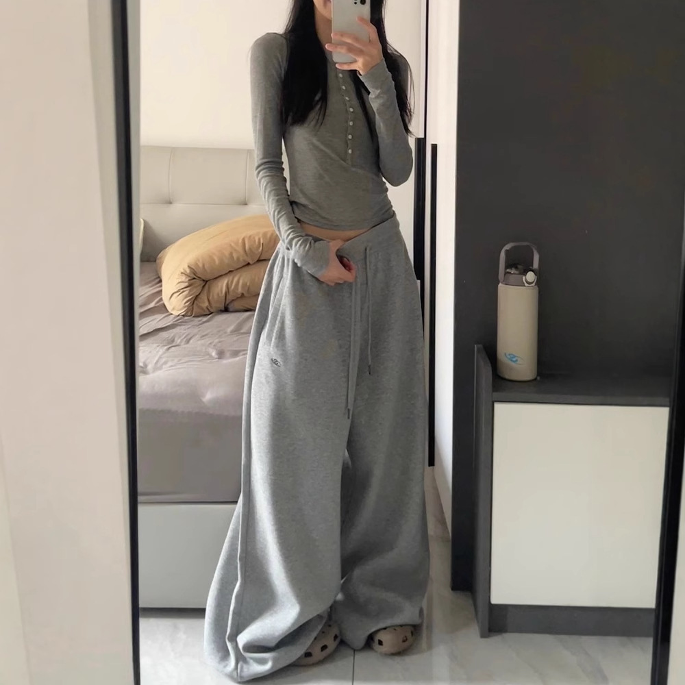 American Style Sports Casual for Women, Autumn Thin Sweatpants, Wide-Leg Pants, Draped Floor-Length Loose Plus Size Long Pants