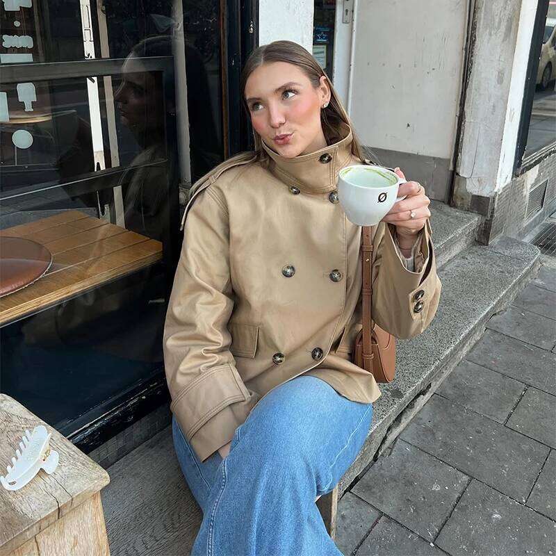 Vintage Double Breasted Trend Coat Women Commute Elegant Loose Long Sleeve Top Jacket Spring Street Stand Collar Outwear