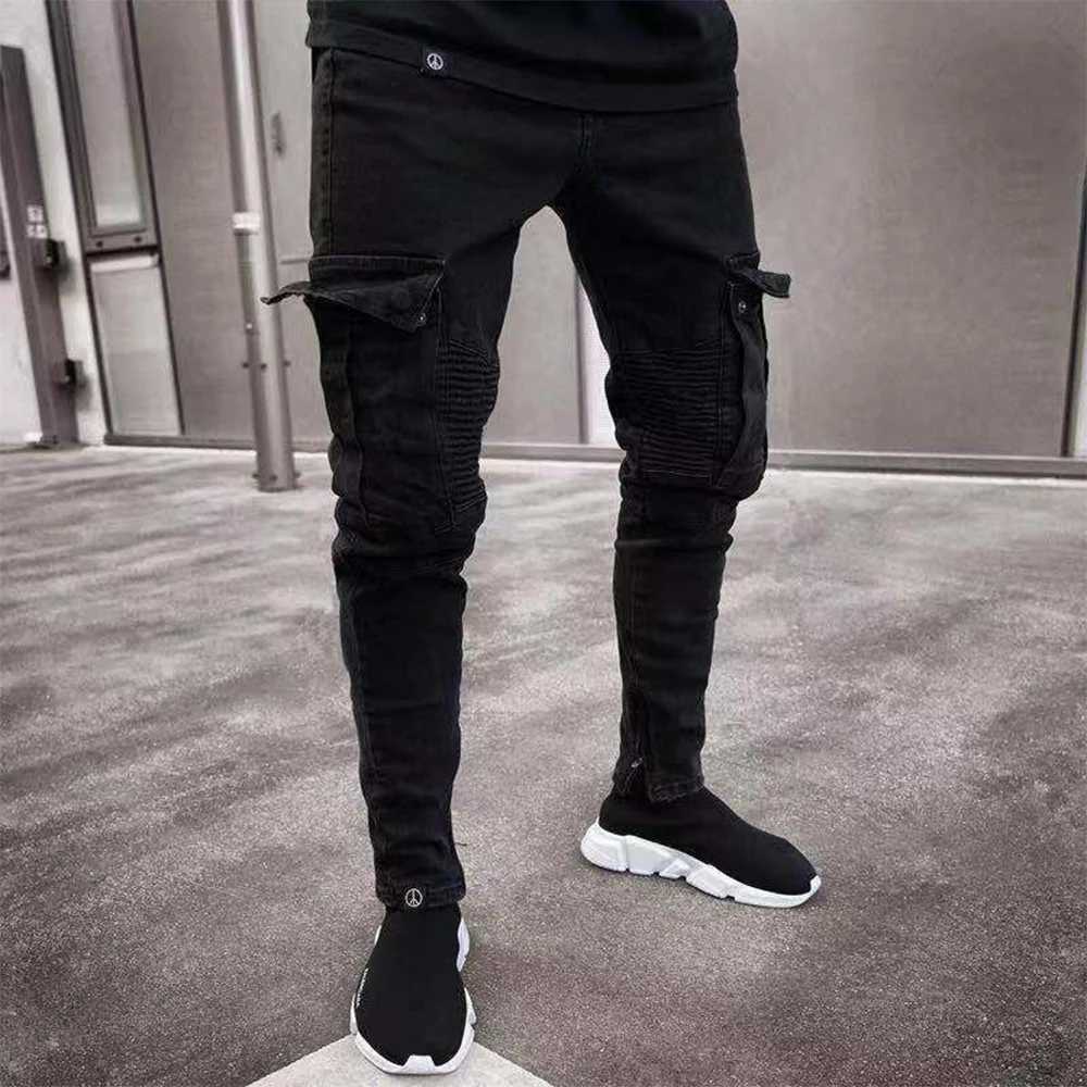 Fashion Streetwear Ripped Skinny Jeans Men Side Multi Pockets Denim Cargo Pants Slim Fit Mens Pants Soft Elastic Joggers X250718