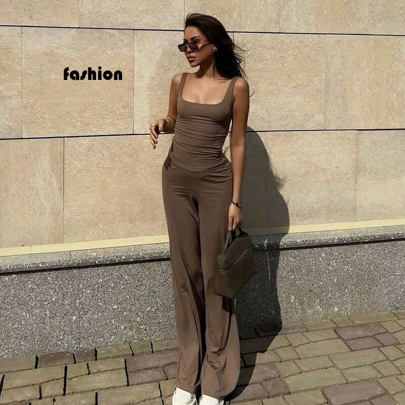 Women's Summer New Solid Color Casual Square Neck Vest + Wide Leg Pants Sports Two-Piece Set B5 g7