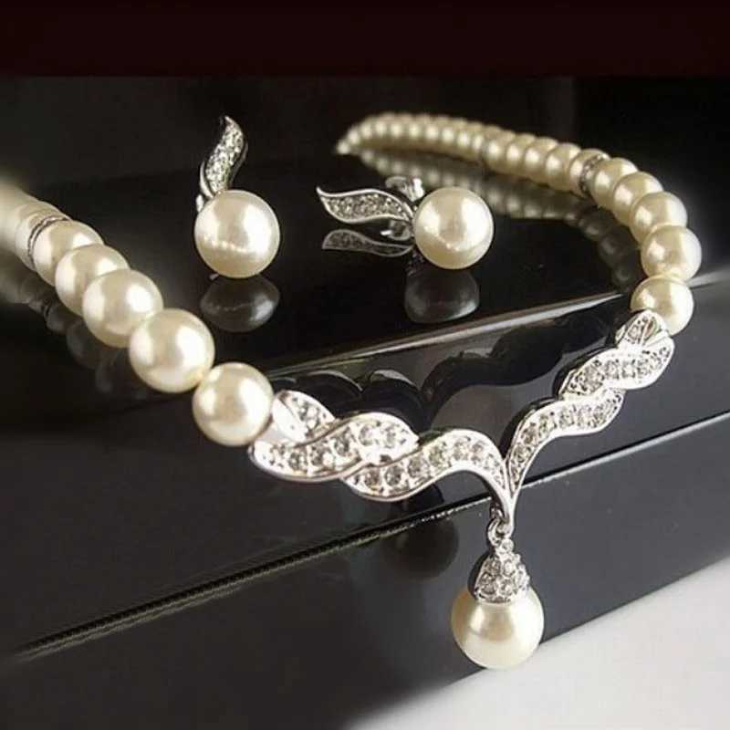 Creative Gold Color Necklace + 1 Pair Earrings Wedding Bridal Pearl Jewelry Set For Women X2507181