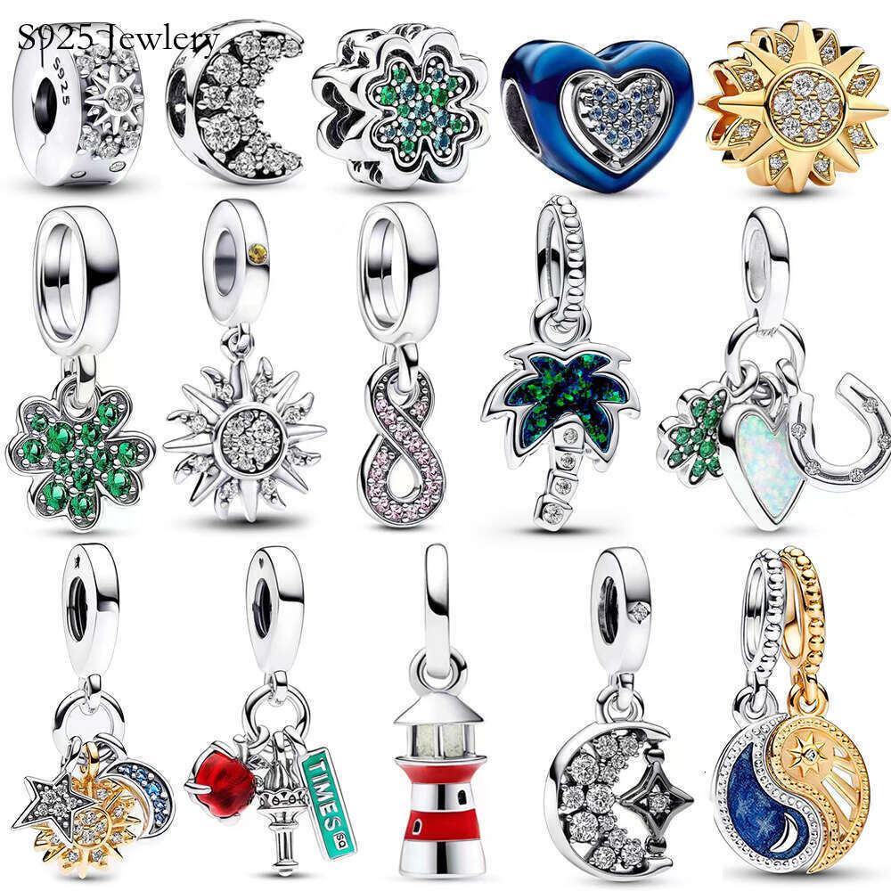 S925 925 Original Sterling Silver Four-leaf Clover Sun and Moon Set Charm Fit Original Bracelet DIY Women Necklace Fine Jewelry Gift