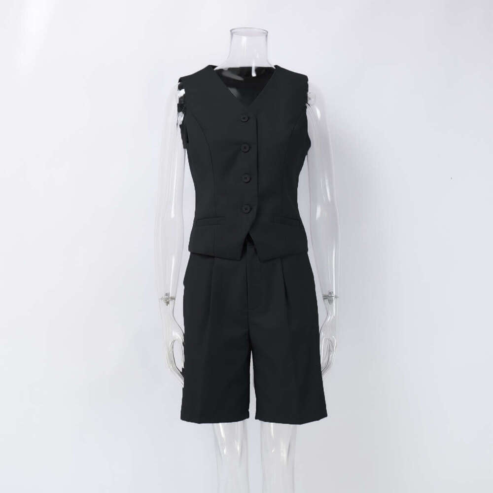 Vest And Spring Summer V-Neck Single-Breasted Waistcoat + Straight-Leg Suit Shorts Set B5