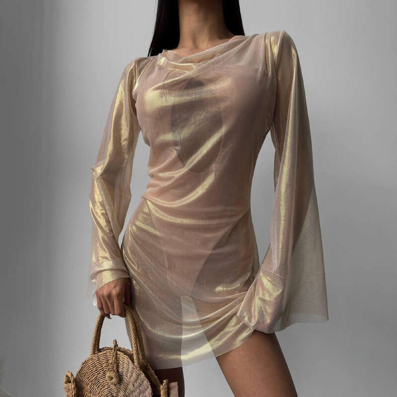 Autumn New Style Mesh Gold Stamping Fashionable Elegant Sheer Flared Long Sleeve Sexy Dress B5