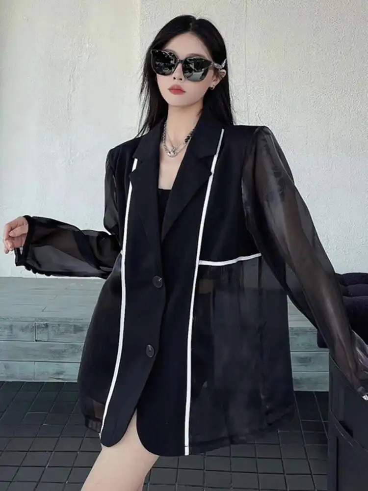30A3464 EAM Women Black Gauze Spliced Big Size Sunscreen Blazer Lapel Long Sleeve Jacket Fashion Spring Summer 250703