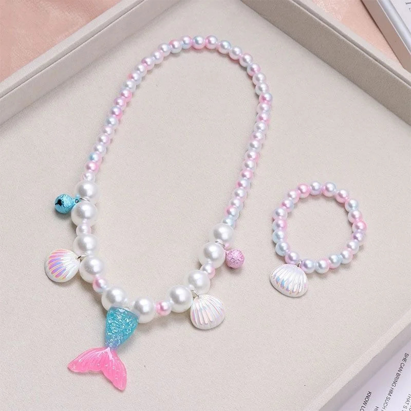 2/5pcs Girls Jewelry Sets Mermaid Pearl Necklace Bracelet Ring Earring Set Kids Toys Children Princess Fashion Accessories 250715